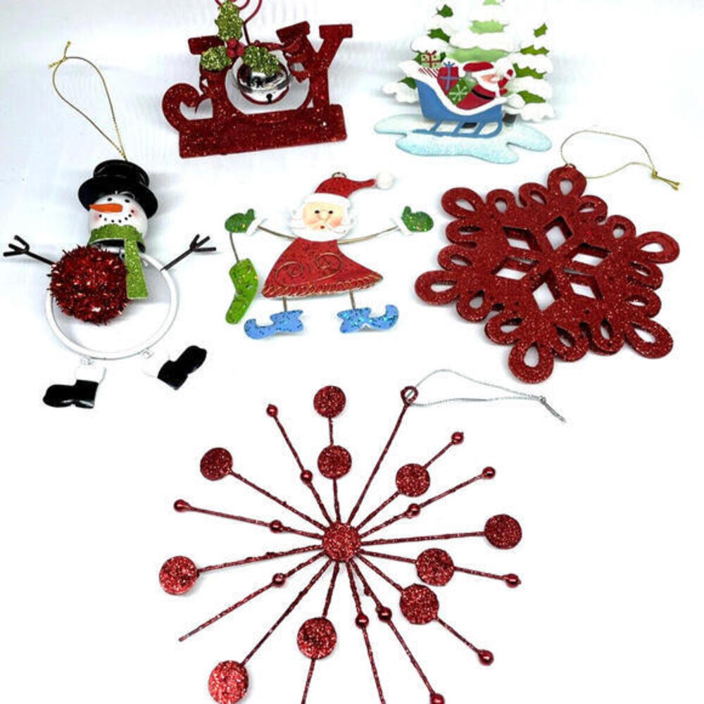 Metal Santa Snowman Christmas Ornaments Glitter‎ Bells Trees Lot of 6